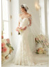 Sheer Neckline Ivory Lace Tulle Long Sleeves Buttons Back Wedding Dress